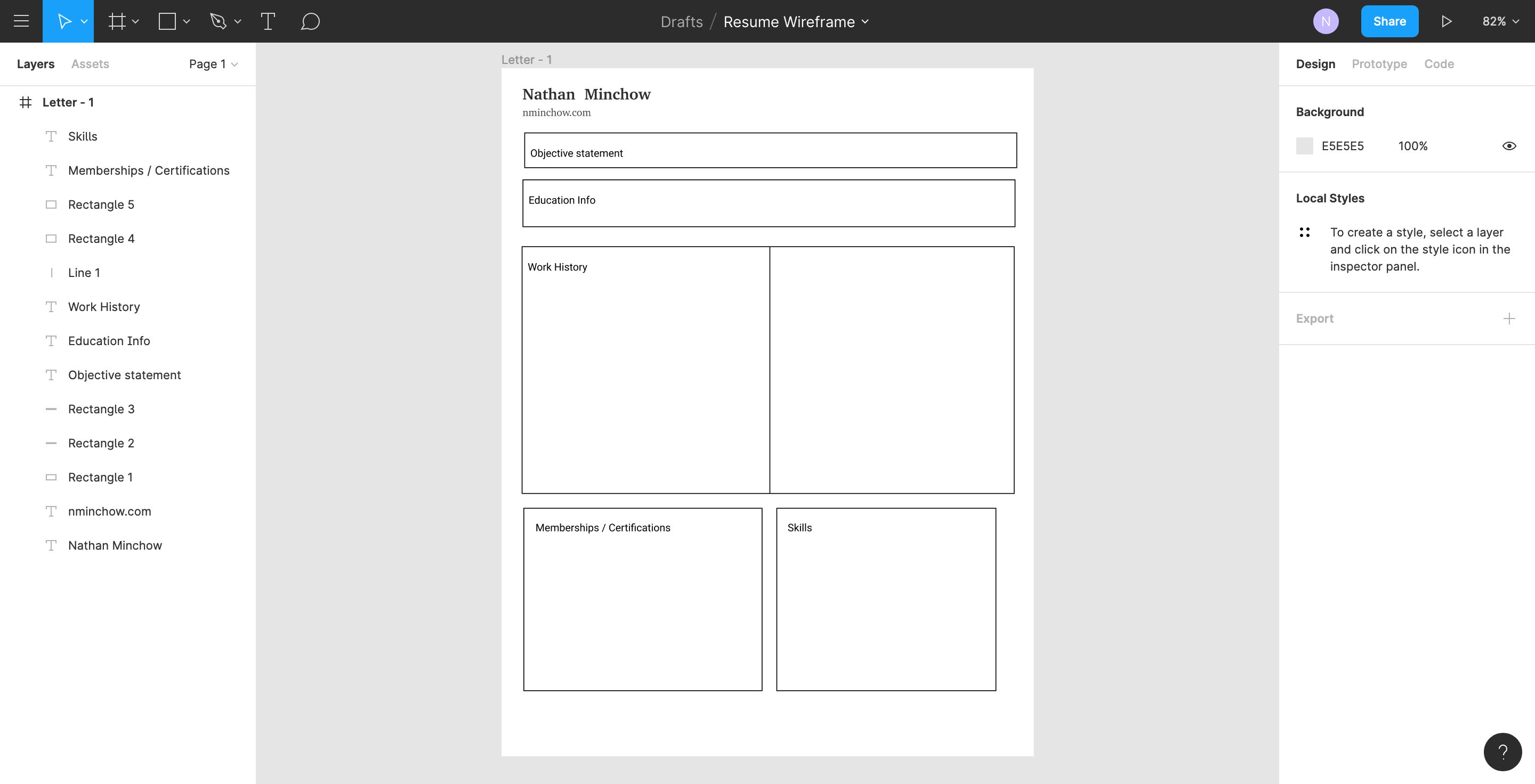 Wireframe of resume built in Figma